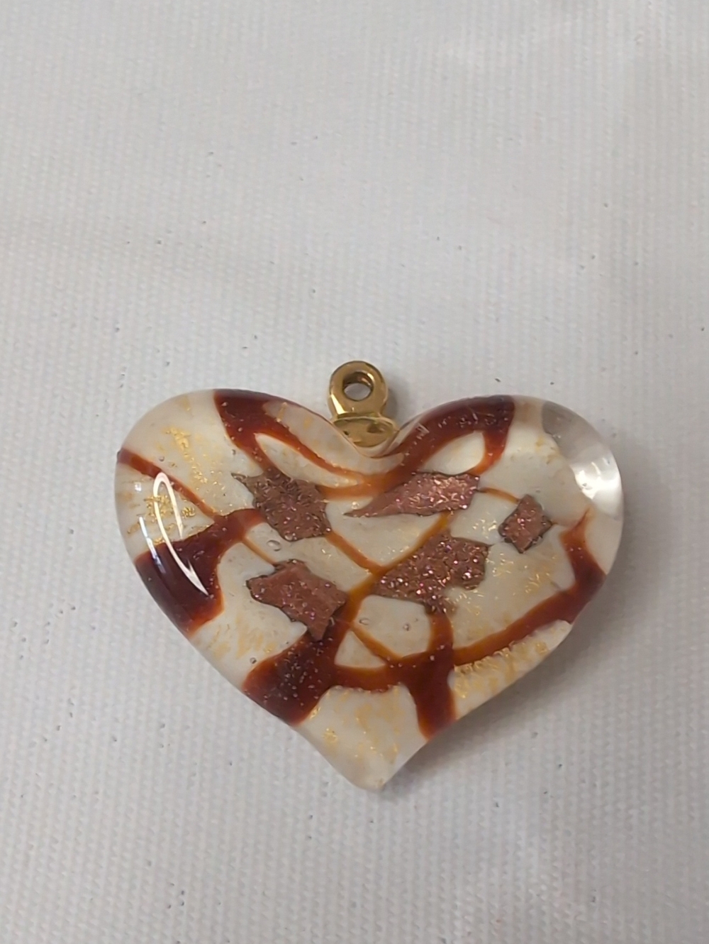 Heart Glass Pendant Necklace in White and Brown with Gold Accent